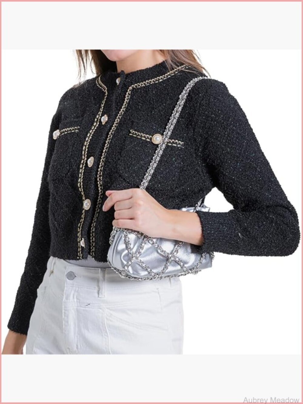 Cropped Knit Cardigan Long Sleeve Open Front Button Down Pearl detail
